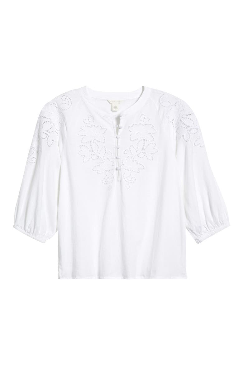 Embroidered Cutwork Split Neck Linen Blend Popover Top, Alternate, color, WHITE