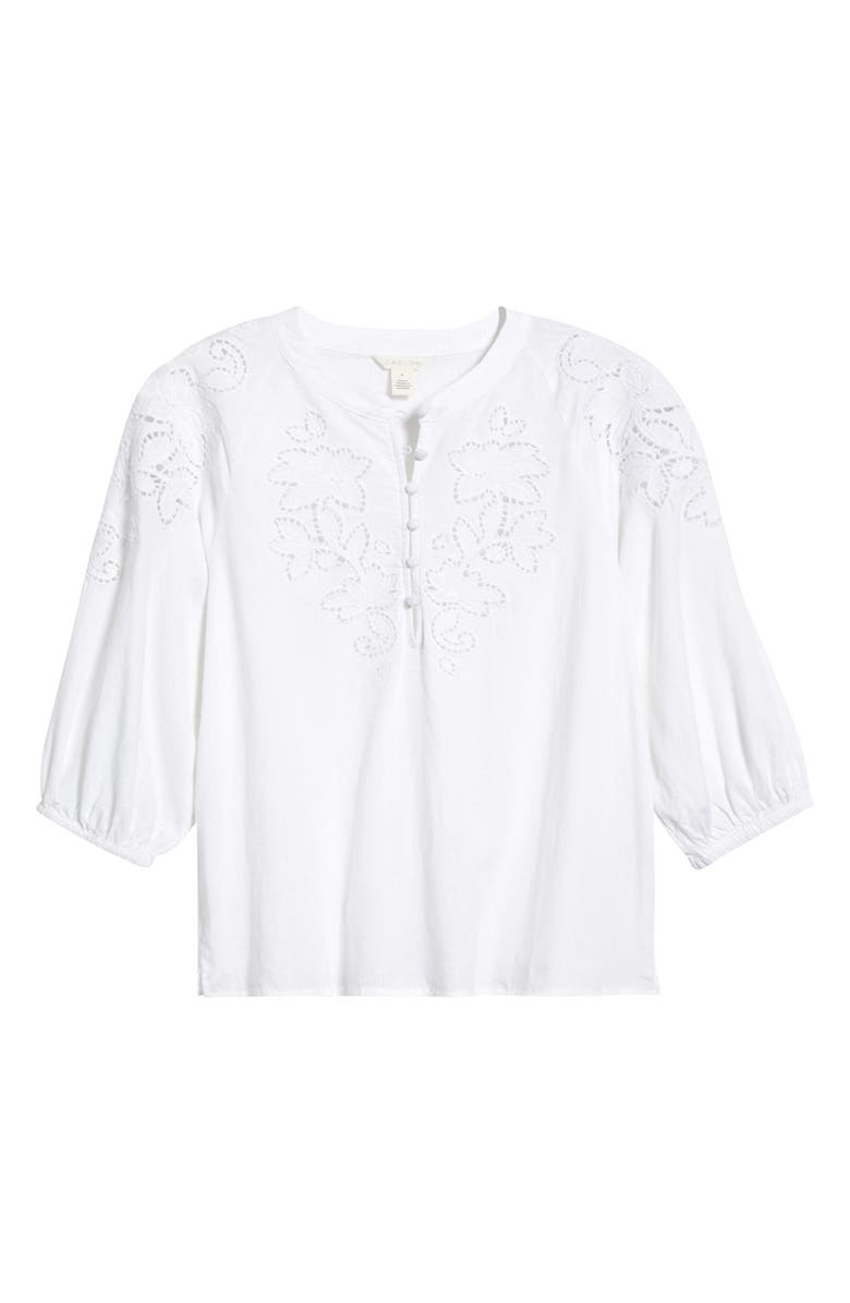 Caslon<sup>®</sup> Embroidered Cutwork Split Neck Linen Blend Popover Top, Alternate, color, White