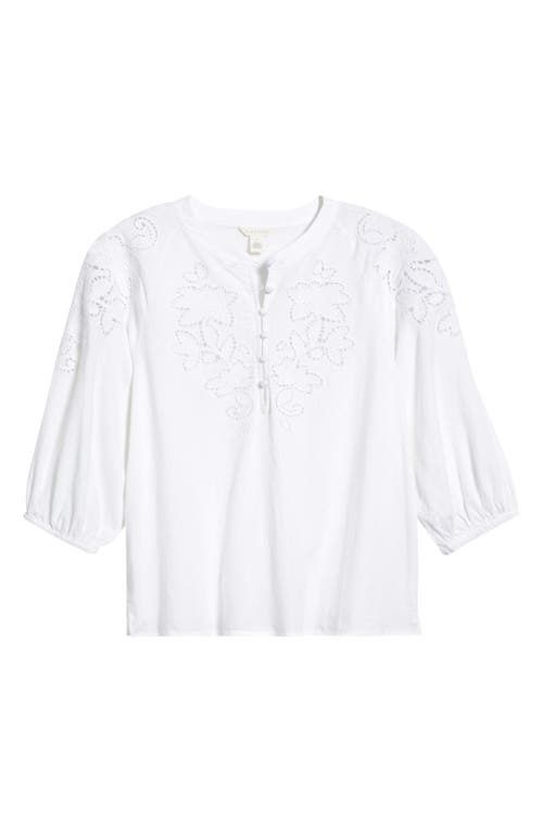 Caslon ® Embroidered Cutwork Split Neck Linen Blend Popover Top In White