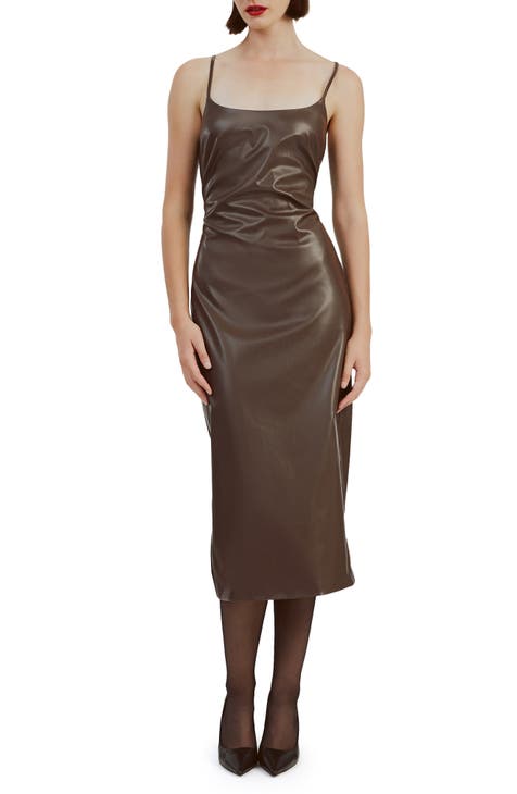 Faux Leather Panel Corduroy Midi Dress
