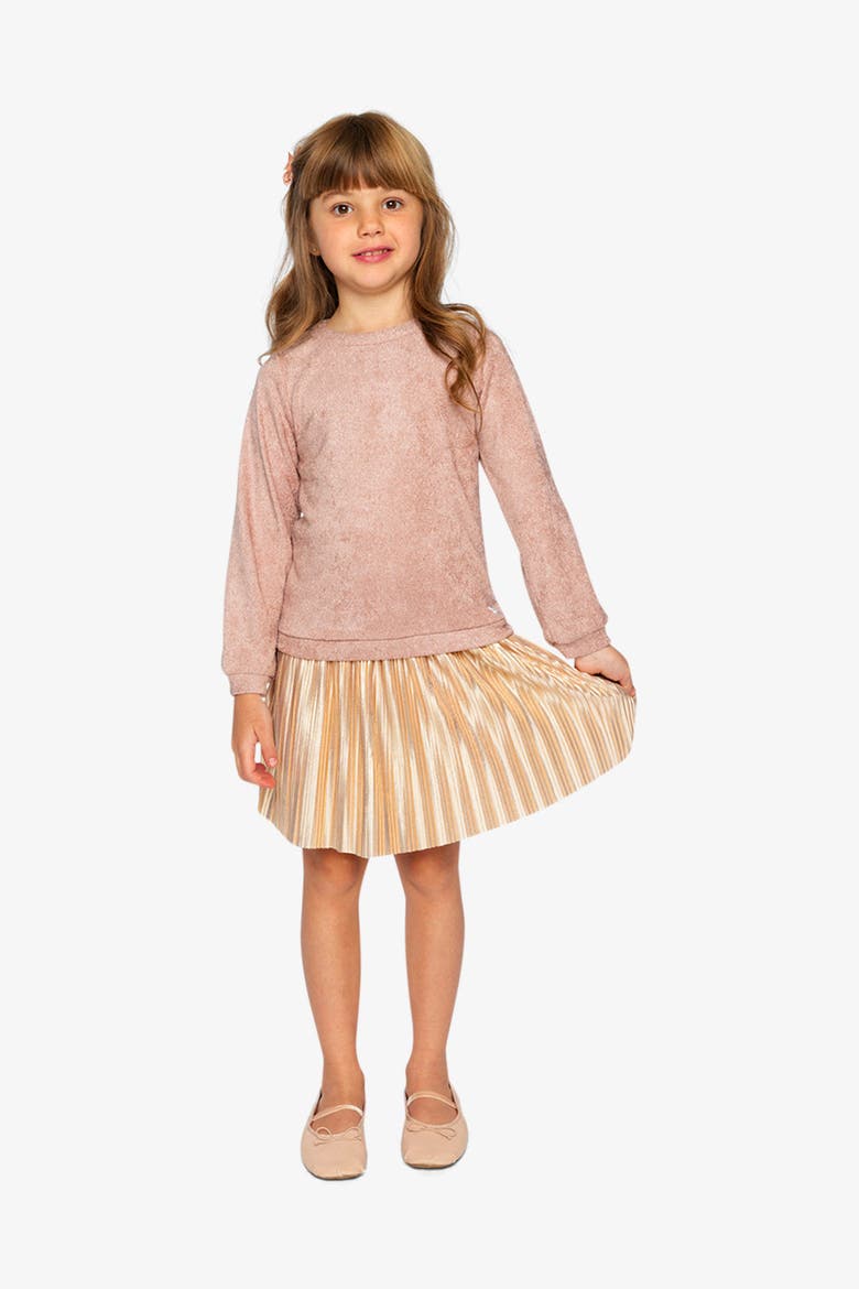 Bi-Material Lurex Bodice Accordion Pleated Dress, Alternate, color, Dusty Pink