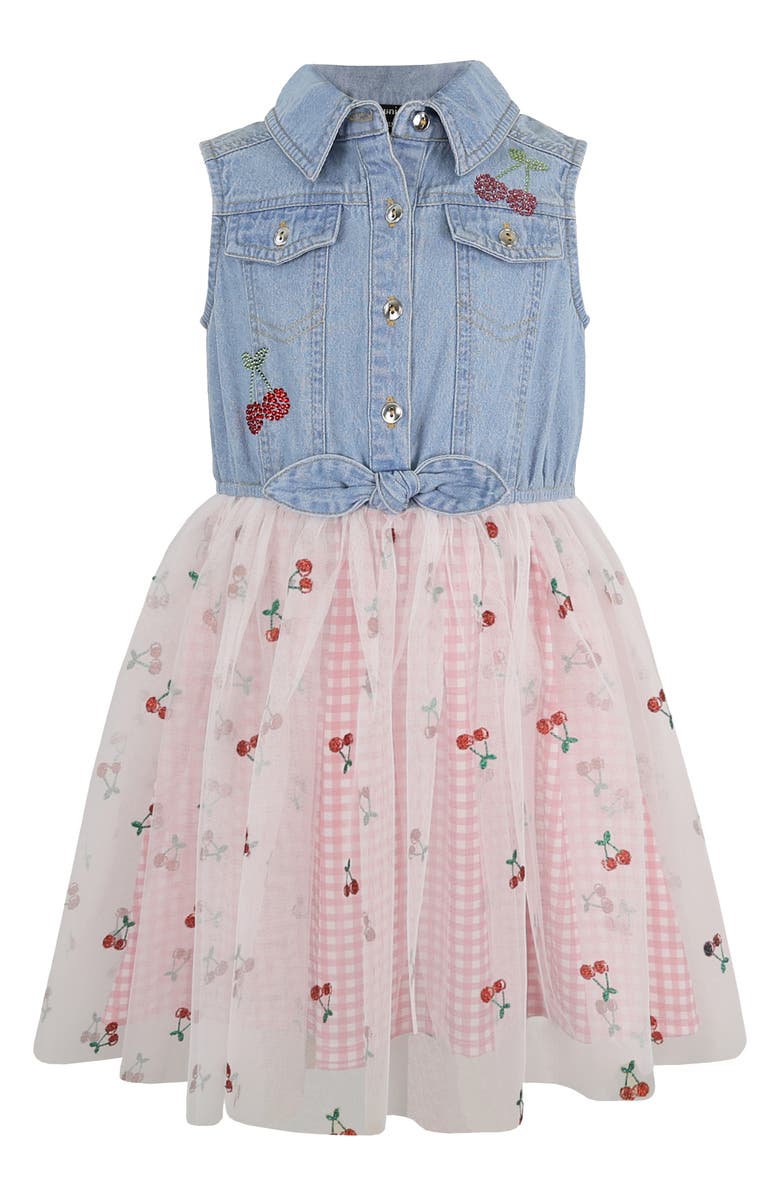 Zunie Kids' Denim Cherry Embroidered Mixed Media Dress, Main, color,