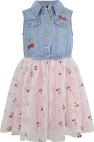 Zunie Kids' Denim Cherry Embroidered Mixed Media Dress