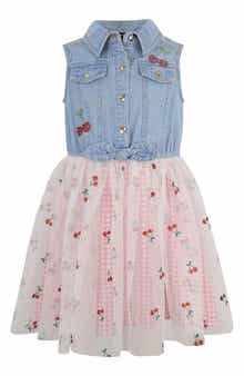 Zunie Kids' Denim Cherry Embroidered Mixed Media Dress
