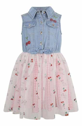 Zunie Kids' Denim Cherry Embroidered Mixed Media Dress