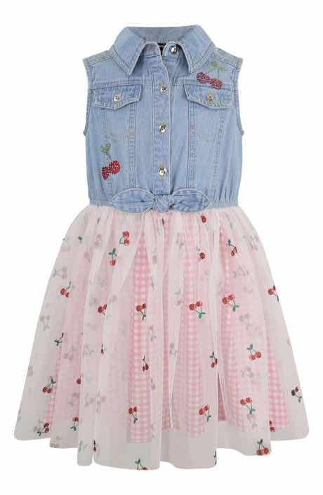Zunie Kids' Denim Cherry Embroidered Mixed Media Dress