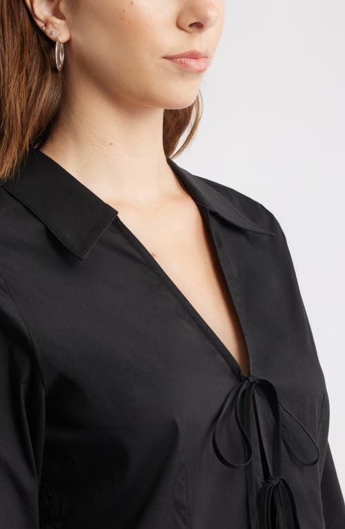Open Edit Tie Front Cotton Blend Poplin Shirt In Black