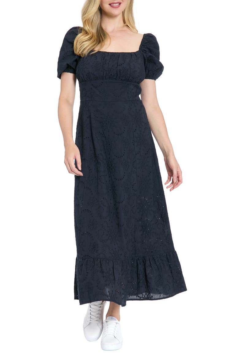 Floral Embroidered Eyelet Puff Sleeve Cotton Midi Dress, Main, color, MARITIME NAVY