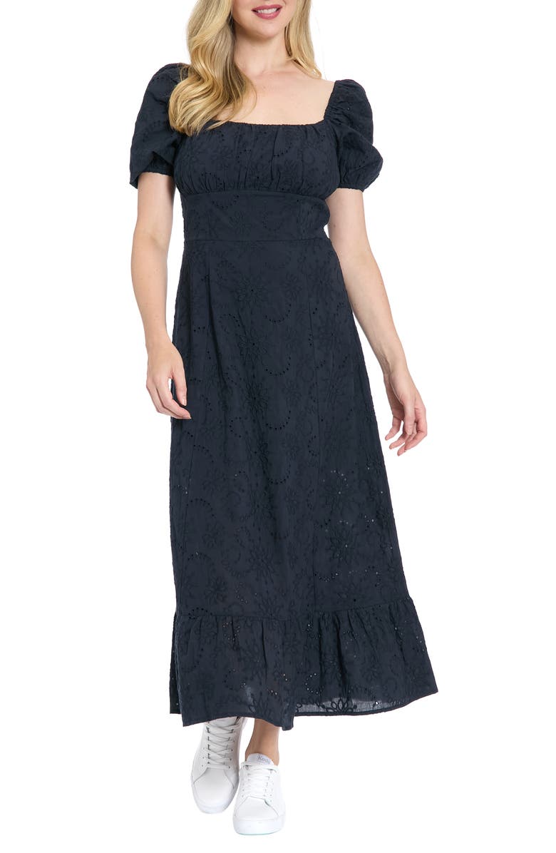 London Times Floral Embroidered Eyelet Puff Sleeve Cotton Midi Dress, Main, color, Maritime Navy