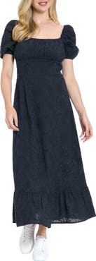 London Times Floral Embroidered Eyelet Puff Sleeve Cotton Midi Dress