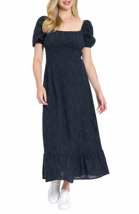 London Times Floral Embroidered Eyelet Puff Sleeve Cotton Midi Dress
