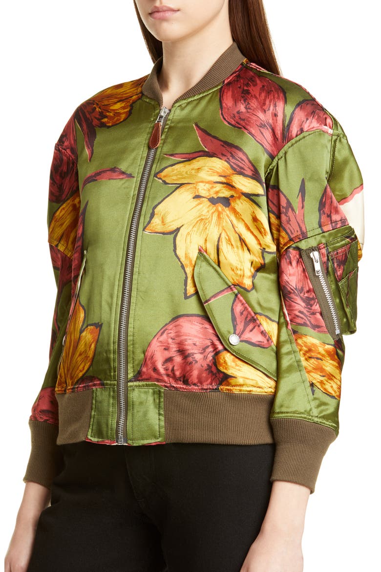 Floral Print Satin Bomber Jacket, Alternate, color, KHAKI
