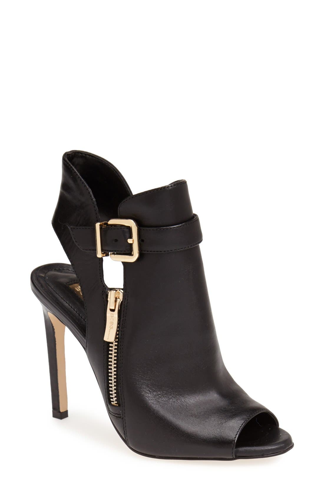 'Chandler' Peep Toe Leather Bootie, Main, color, BLACK