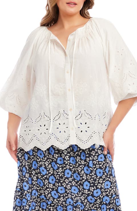 Eyelet Embroidered Cotton Button-Up Top (Plus)