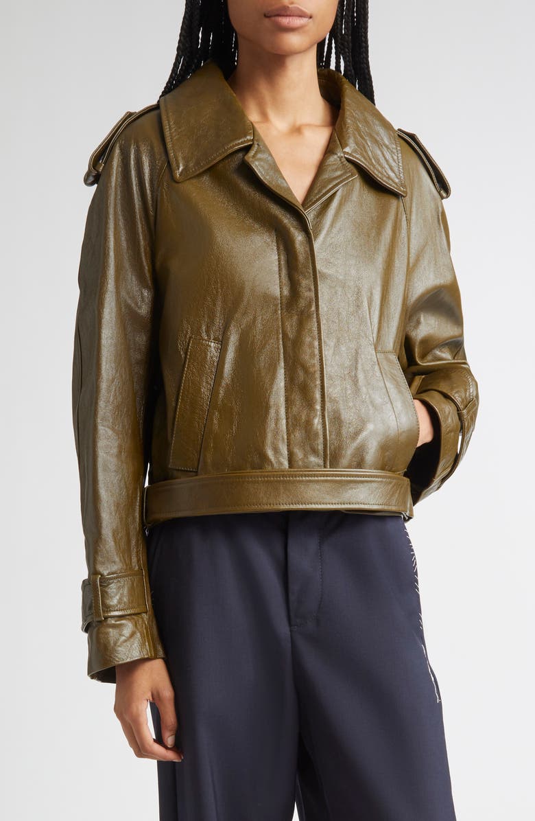 Marni Leather Crop Trench Coat, Main, color, 00V58 Deep Sage
