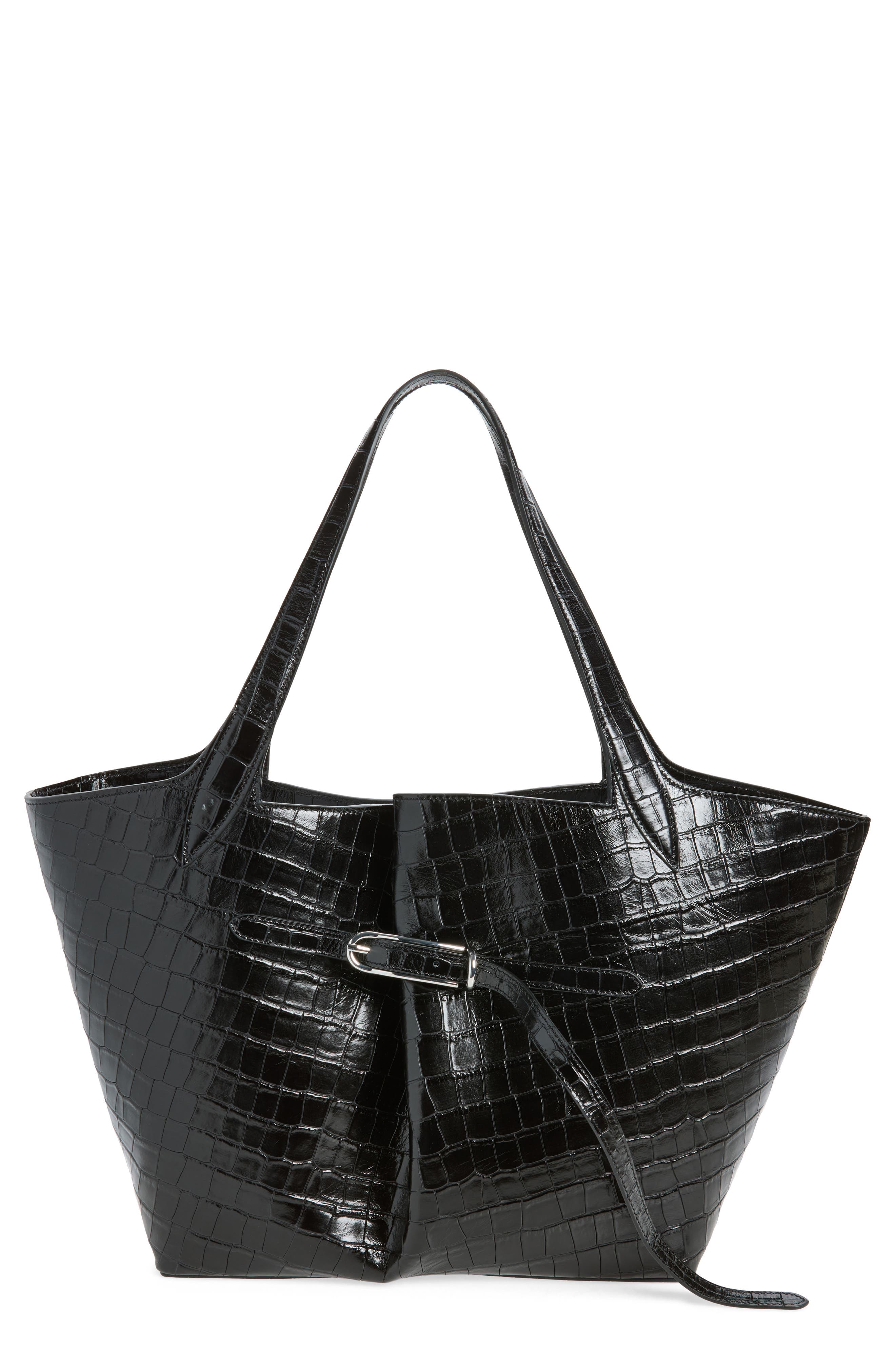 Belted Croc Embossed Leather Tote, Main, color, BLACK