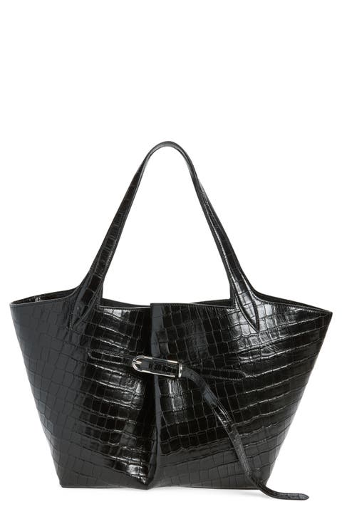 Belted Croc Embossed Leather Tote