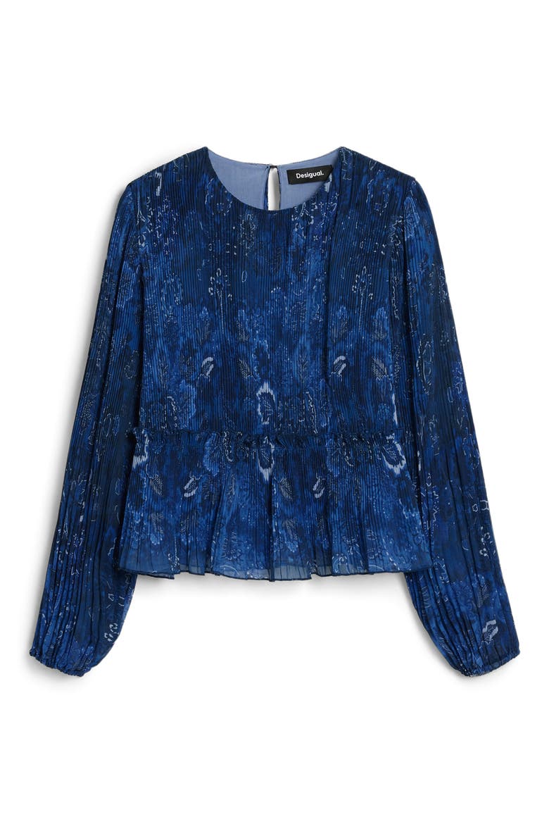 Pleated Floral Print Shirt, Alternate, color, DARK BLUE
