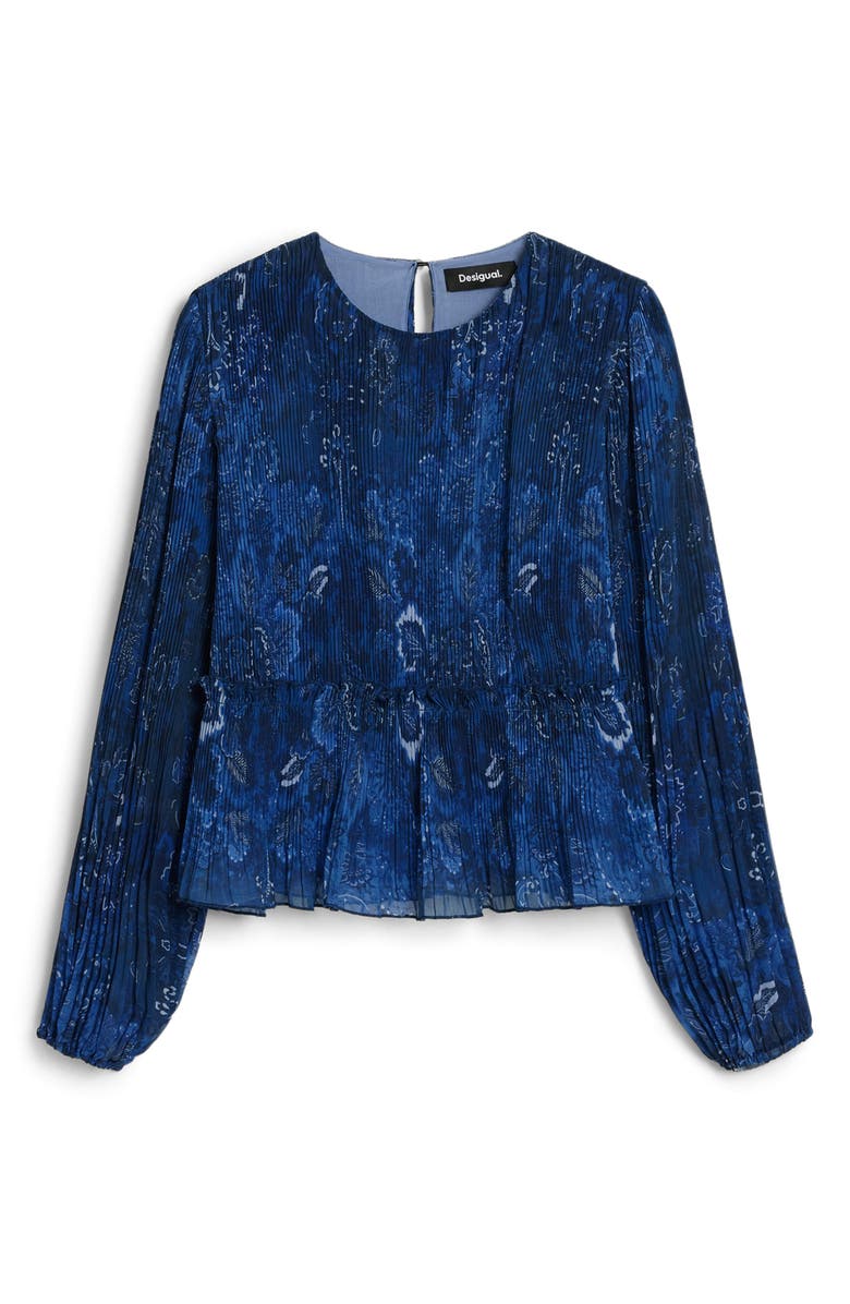 Desigual Pleated Floral Print Shirt, Alternate, color, Dark Blue