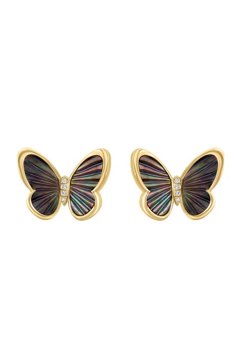 14K Yellow Gold Diamond,Mother of Pearl Earrings