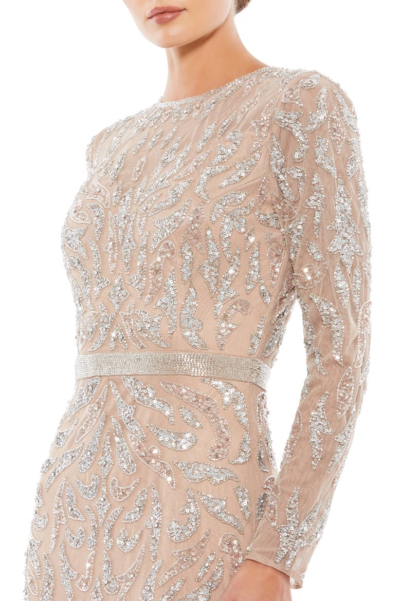 Abstract Beaded Long Sleeve Evening Gown, Alternate, color, MOCHA