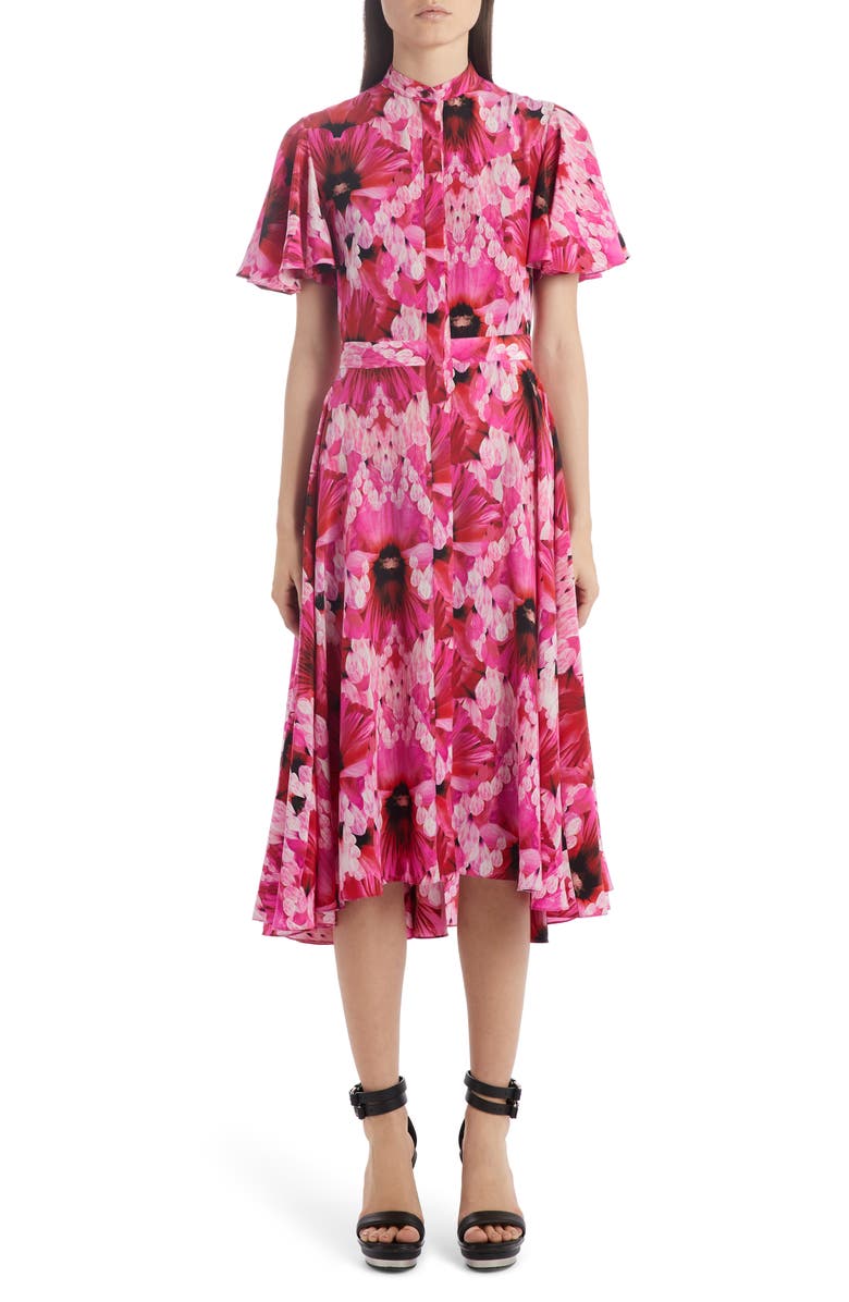 McQueen Alexander McQueen Flutter Sleeve Floral Silk Midi Dress, Main, color, 
