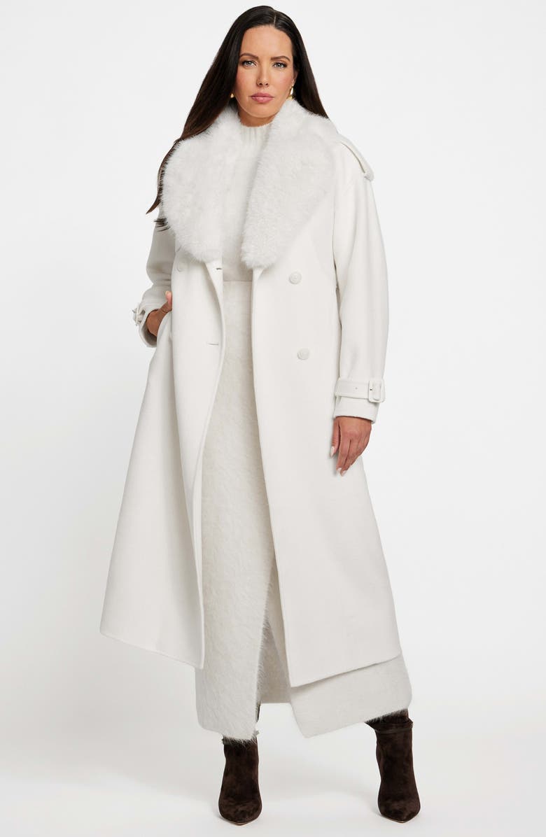 Marciano Ella Faux Fur Collar Double Breasted Coat, Alternate, color, White