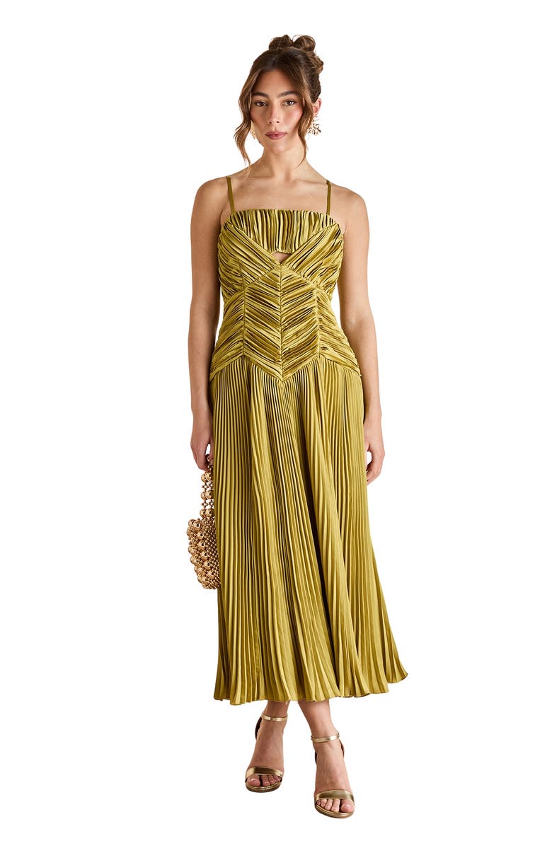 Coast Pleated Peplum Strappy Satin Dress, Main, color, Olive