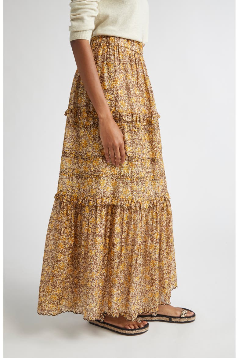 Volomia Mixed Print Tiered Cotton Maxi Skirt, Alternate, color, BROWN/ KHAKI/ YELLOW