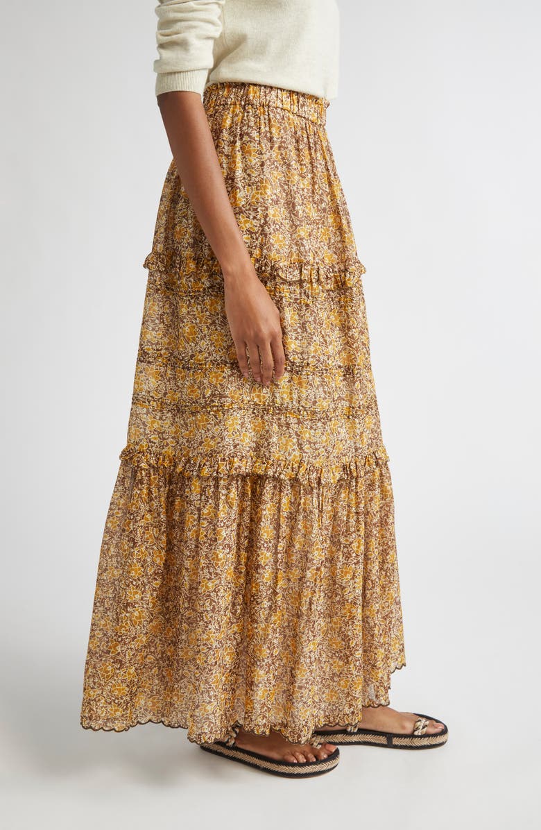 Isabel Marant Étoile Volomia Mixed Print Tiered Cotton Maxi Skirt, Alternate, color, Brown/ Khaki/ Yellow