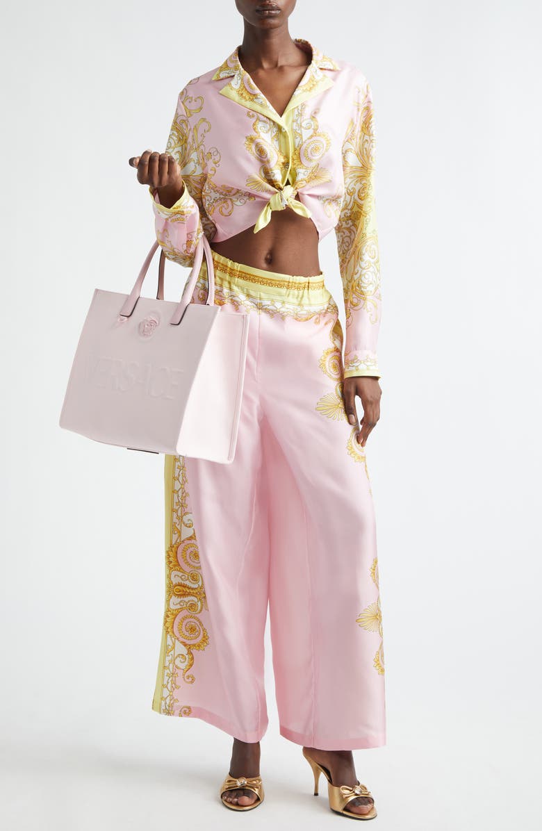 Versace Barocco Print Wide Leg Silk Twill Pants, Alternate, color, Pale Yellow Rose Quartz