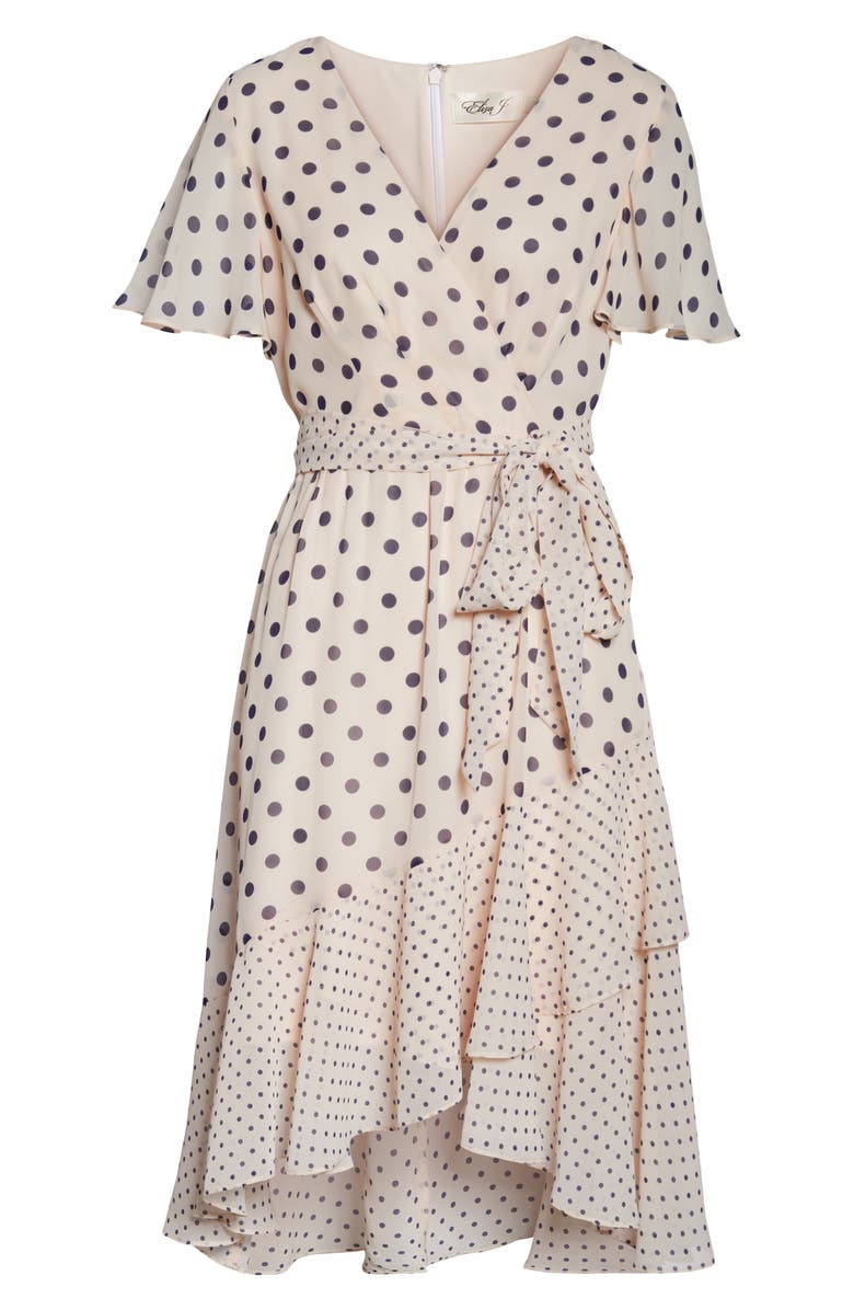 Eliza J Polka Dot Chiffon Faux Wrap Dress, Alternate, color, 