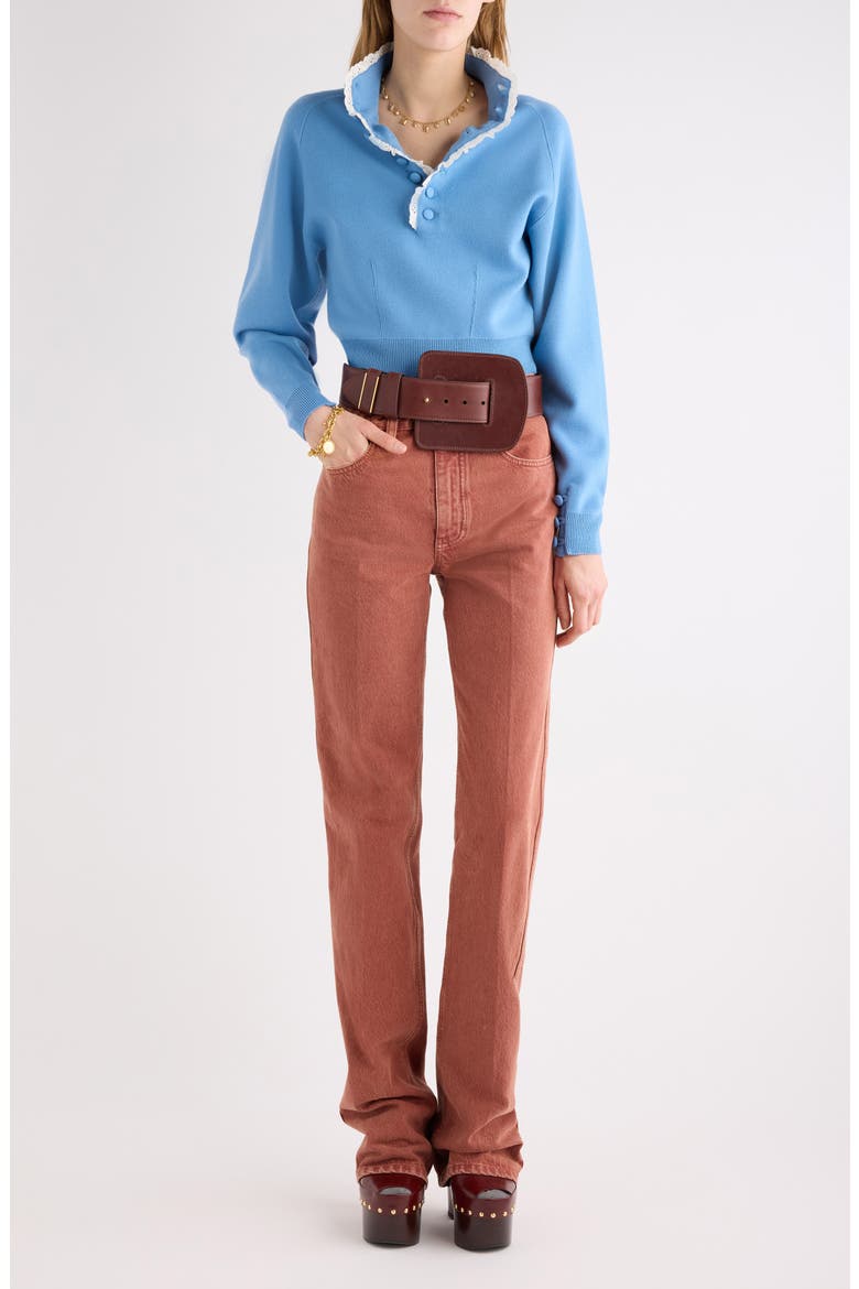 Lace Trim Half Placket Wool Sweater, Alternate, color, DREAM BLUE