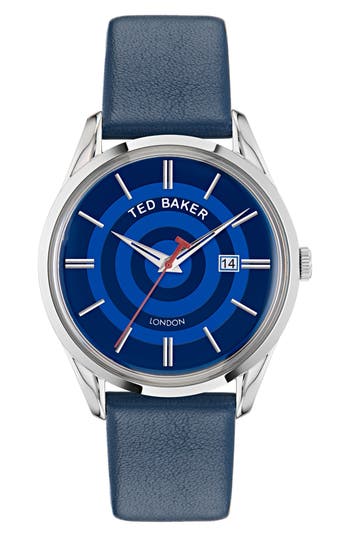 Ted Baker Recycled Stainless Steel Leather Strap Watch In Blue