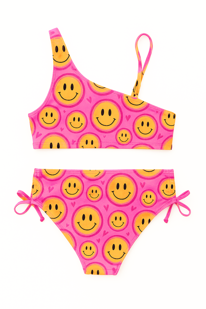Smiley Face Printed One Shoulder Bikini Swimsuit, Alternate, color, Pink Multi