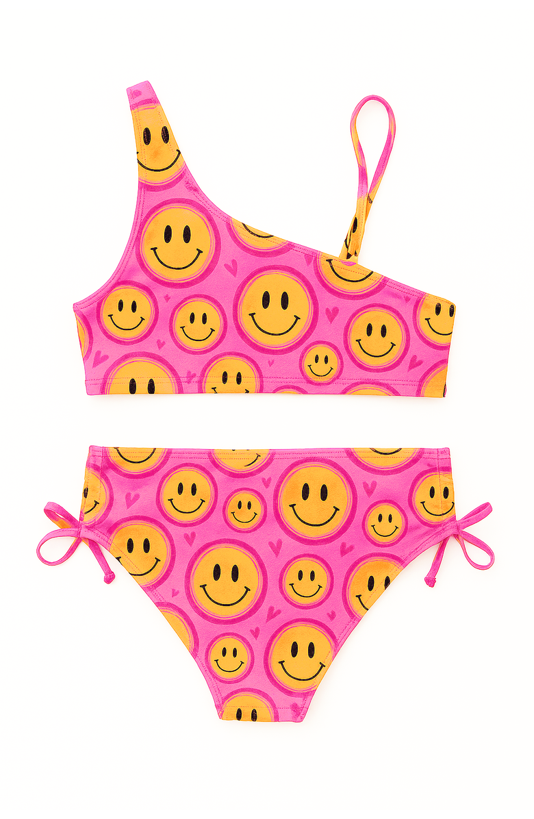 Limeapple Smiley Face Printed One Shoulder Bikini Swimsuit, Alternate, color, Pink Multi