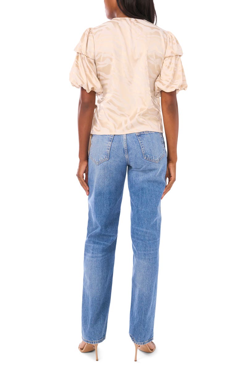 Vince Camuto Double Bubble Sleeve Satin Jacquard Wrap Front Top, Alternate, color, Birch