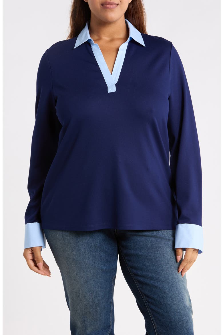 Contrast V-Neck Long Sleeve Top, Main, color, PACIFIC NAVY/ MORNING BLUE