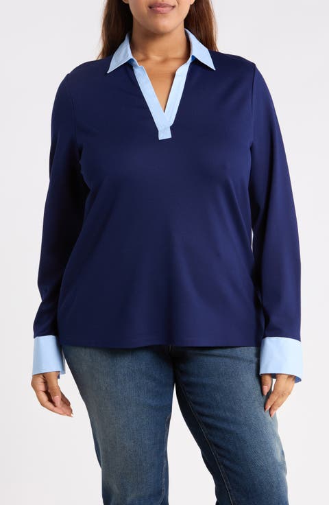 Contrast V-Neck Long Sleeve Top