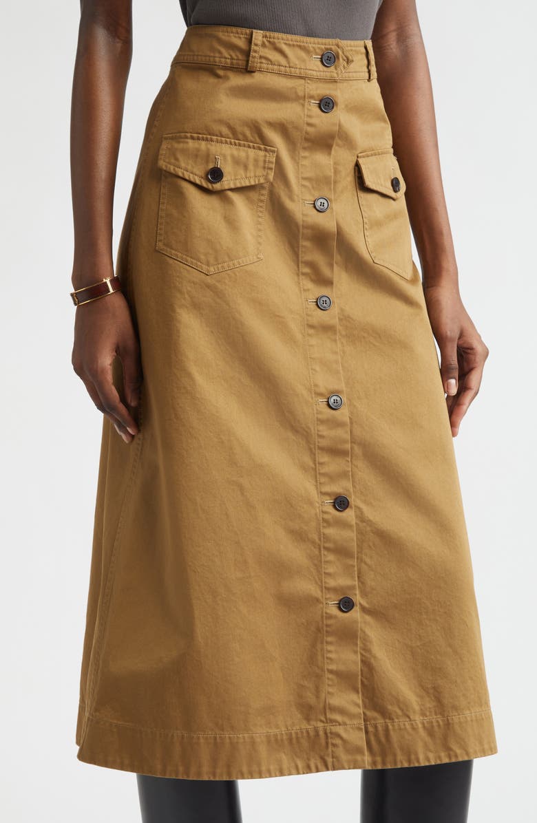 Saint Laurent Button Front Cotton Serge Midi Skirt, Alternate, color, Chatain