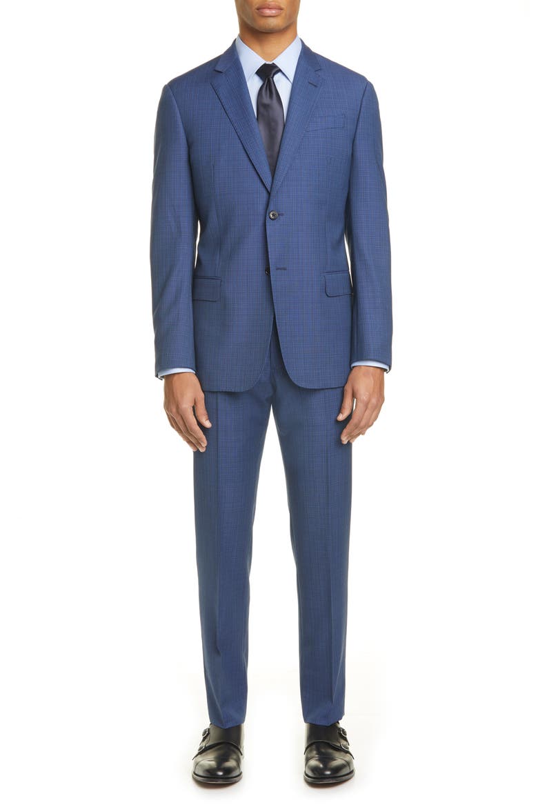 G Line Trim Fit Check Wool Suit, Main, color, BLUE