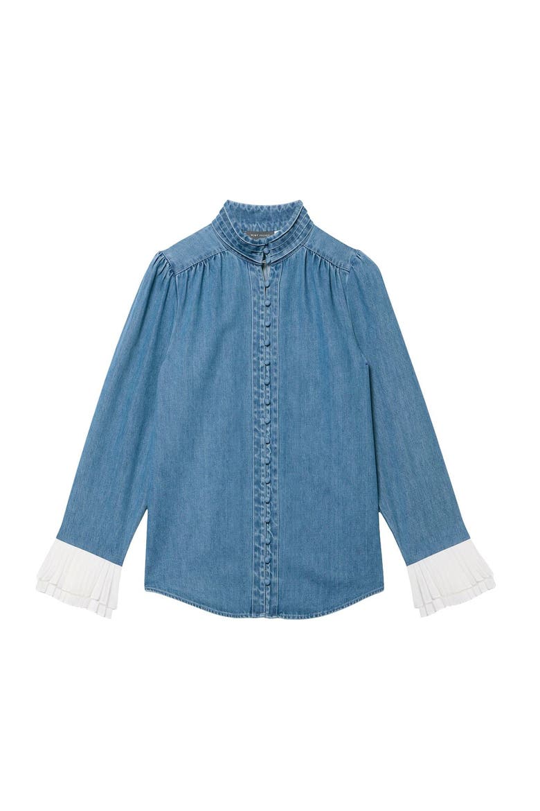 Denim Contrast Cuff Blouse, Alternate, color, Blue
