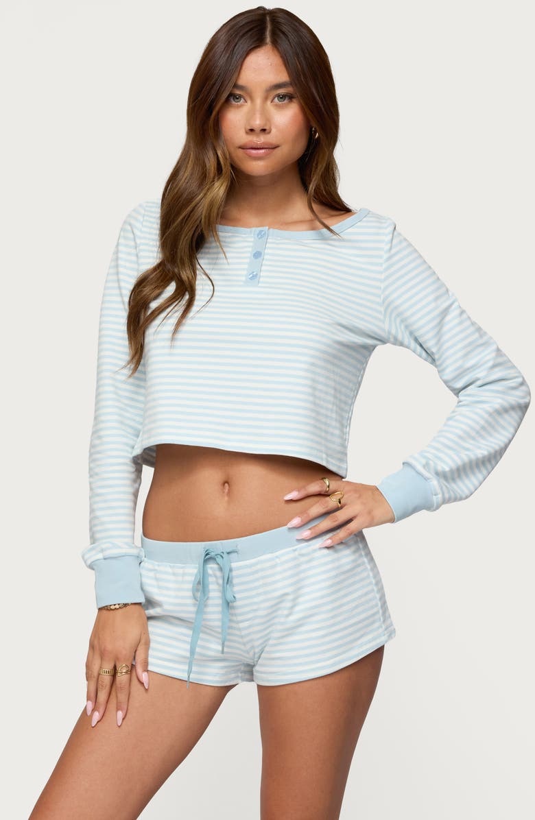 EDIKTED Margaret Stripe Long Sleeve Crop Top, Alternate, color, Light-Blue