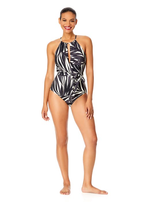 Anne Cole Live In Color High Neck Plunge One Piece Swimsuit In Palm Chic