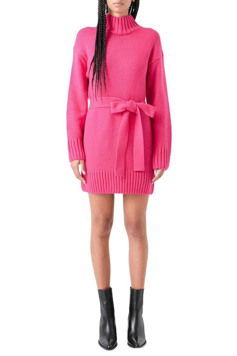 Tie Belt Long Sleeve Sweater Minidress, Main, color, FUCHSIA