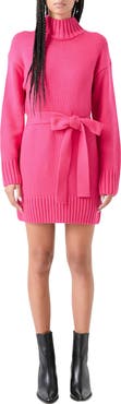 Grey Lab Tie Belt Long Sleeve Sweater Minidress