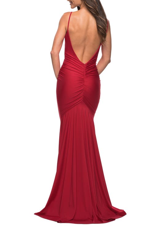 La Femme Elegant Ruched Jersey Gown With Low Back In Red