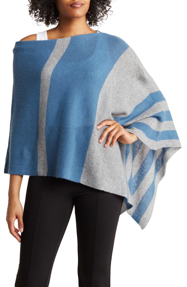 Portolano Striped Cowl Neck Poncho, Main, color, Palace Blue/ Light Grey