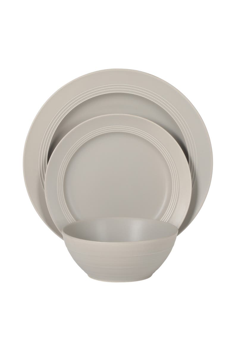 Soleil 12 Piece Stoneware Plates and Bowls Dinnerware Set, Alternate, color, Chateau Grey