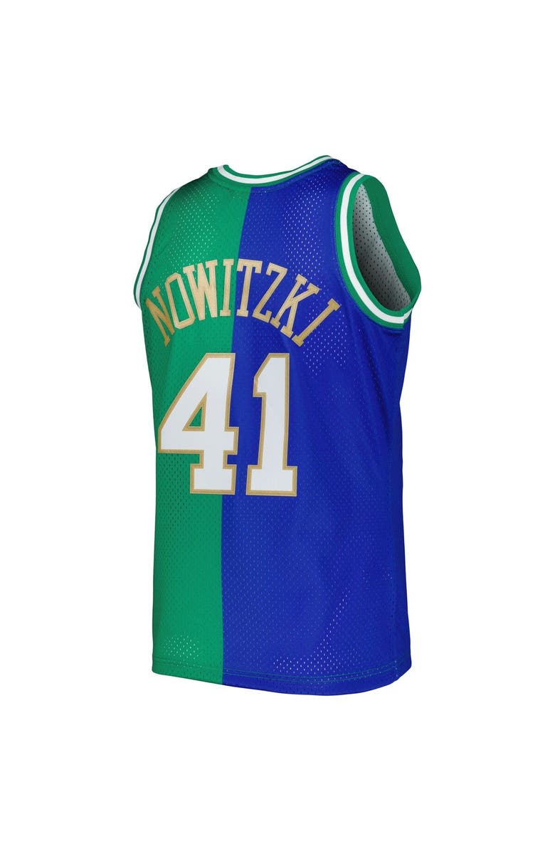 Mitchell & Ness Men's Mitchell & Ness Dirk Nowitzki Blue/Green Dallas Mavericks Hardwood Classics 1998/2019 Split Swingman Jersey, Alternate, color, 
